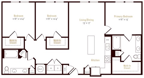 Floor plan for 3 beds, 2 baths, 1342 sqft